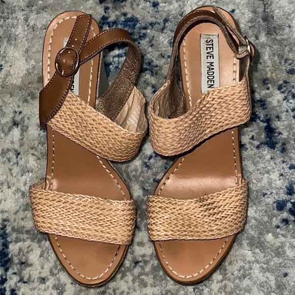 Steve Madden Engel platform heels sling back straps natural fabric wedges Sz 10 - Picture 4 of 6